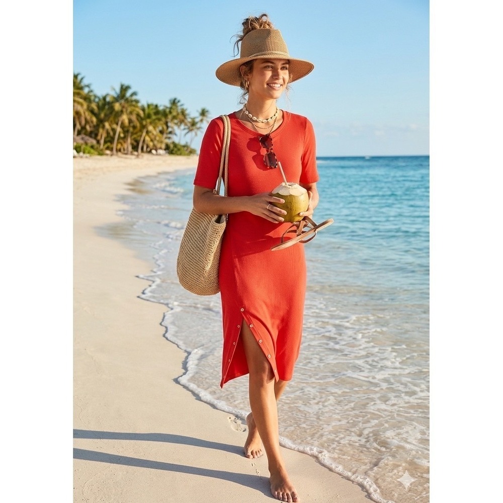 Anne Klein Sport‎ Red Midi T-Shirt Dress Short Sleeve Button Side Slit Small NWT